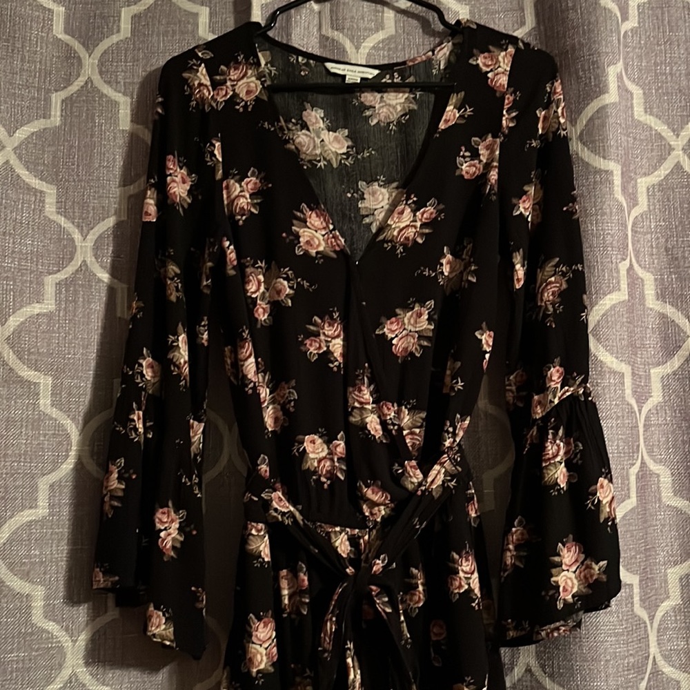 American Eagle Black Romper with Pink Floral Pattern